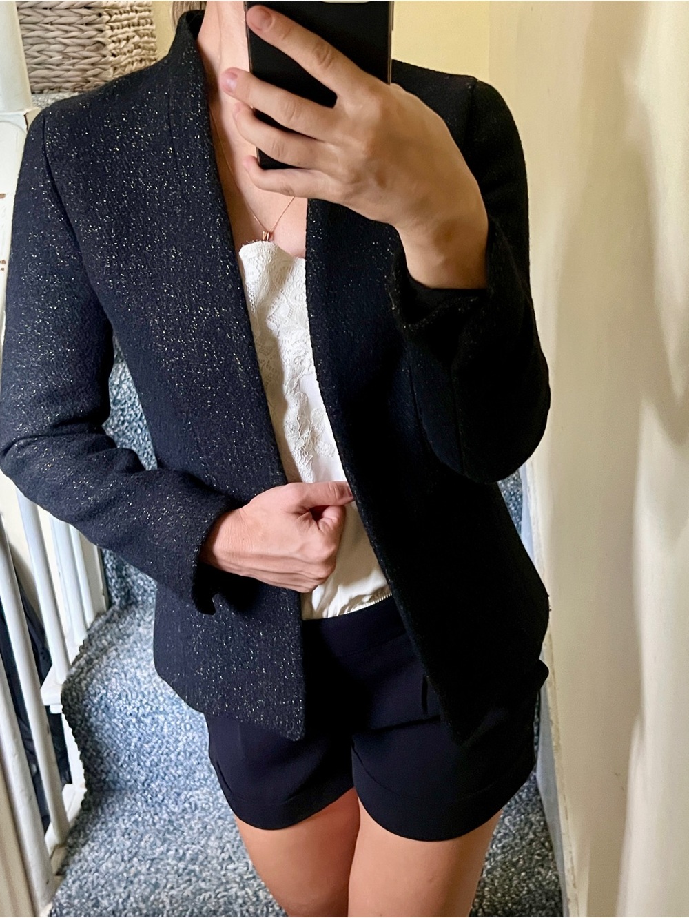 J. Crew Going Out Tinsel Tweed Blazer-Black Sparkle Structured Open-Front Sz 00